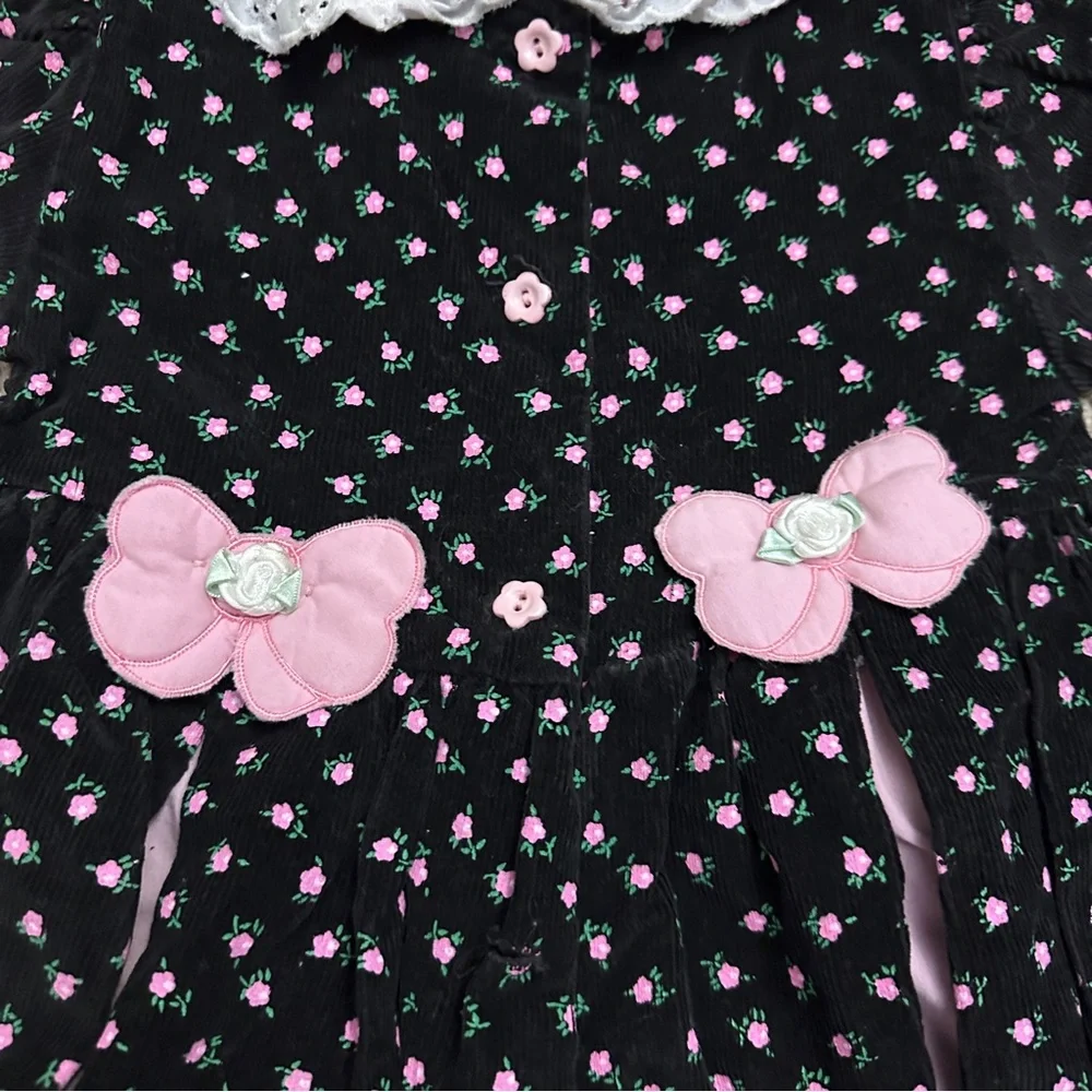 Vintage Tiny Tots Black & Pink Floral Corduroy Jumpsuit Baby Girl Size 18 Months